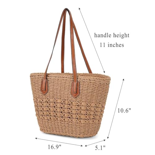 Women's Straw Shoulder Bag Large Rattan Woven Totes Summer Travel Beach Handbag Handmade Top Handle Purse - color: Coffee
