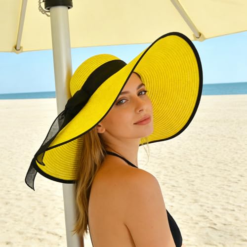 DRESHOW Beach Hats for Women Big Straw Wide Brim Summer Hat Floppy Foldable Roll up Cap Sun Hat UPF 50+ - color: Big Bow / Yellow+black 5.9" Brim