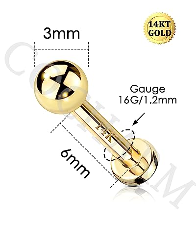 COCHARM 14k Solid Gold 16g Labret Studs Real Yellow Gold Medusa Monroe Madonna Stud Lip Piercing Helix Cartilage Conch Earring Stud - color: Yellow Ball-6mm