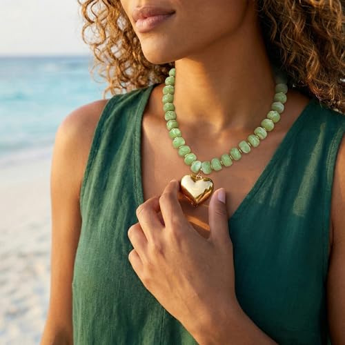 WOWORAMA Chunky Heart Necklaces for Women Colorful Resin Beaded Choker Necklace Gold Puffy Heart Statement Necklace Trendy Acrylic Choker Jewelry - color: Light-Green