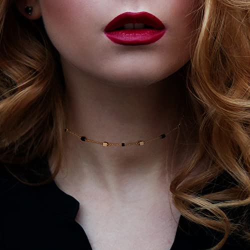 FUTIMELY Bohemia Green Beaded Beads Choker Necklace for Women,Simple Fresh Green Beaded Square Round Bead Choker Necklace - color: Gold+Black Gold Square