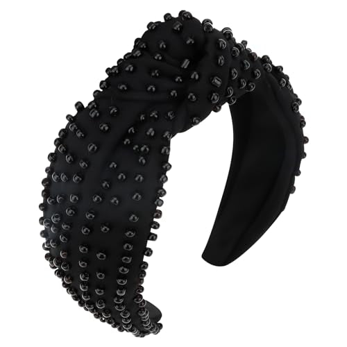 YISSION 1PC Pearl Knotted Headband for Women Non Slip Beaded Headband Wide Pearl Headbands for women Jeweled Embellished Hairband Black Head Band Hair Accessories for Women Girls - color: Black Pearl