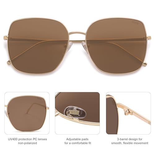 SOJOS Trendy Oversized Square Metal Frame Sunglasses for Women Men Retro Big Flat Lens UV Protection Sunglasses SJ1146 - color: Gold/Retro Brown
