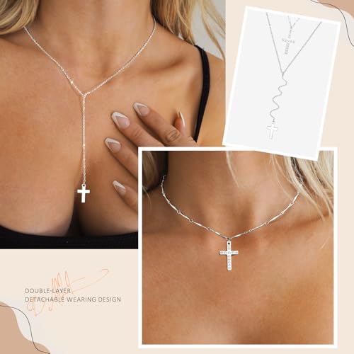 DALI Long Gold Necklaces for Women, Dainty Layered Sterling Silver Plated Y Shaped Necklace Stack Non Tarnish Cross CZ Pendant Long Chain Choker Adjustable Necklaces Jewelry for Vacation Christmas - color: Silver Cross Long Necklace