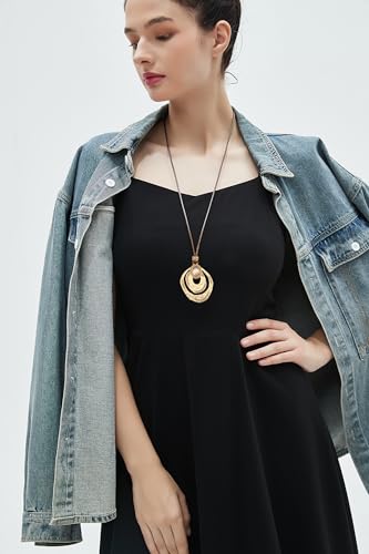 GelConnie Leather Necklace for Women Round Wooden Pendant Long Leather Choker Vintage Sweater Necklace Gold Chunky Boho Necklaces for Women - style: Crystal Gold Necklace