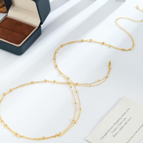 MFRYK 2PCS 14K Gold Plated Waist Chain Layered Pearl Cuban Beaded Satellite Figaro Belly Body Chain Boho Beach Waist Chains For Women Adjustable Waterproof Sexy Bikini Body Chain Jewelry For Women - style: Bead Double Layered-Gold