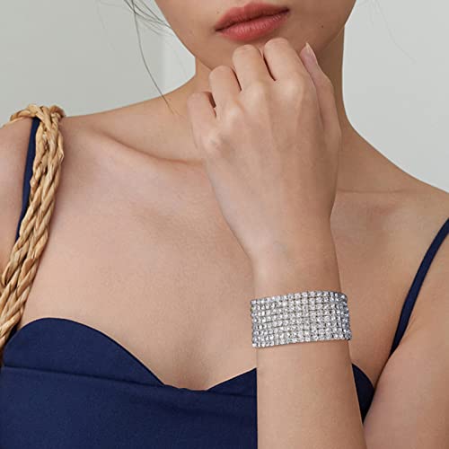 Zealmer Sparkle Multicolor Rhinestone Stackable Stretch Bracelets for Women - color: 8 Row Silver Small Size