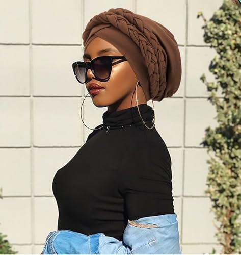 African Women Turban Caps Pre-Tied Twisted Turbans Head Scarf for Women Hair Wraps Cover Beanie Cancer Chemo Headwear - color: 1 Pack Double Twisted Braid: Coffee