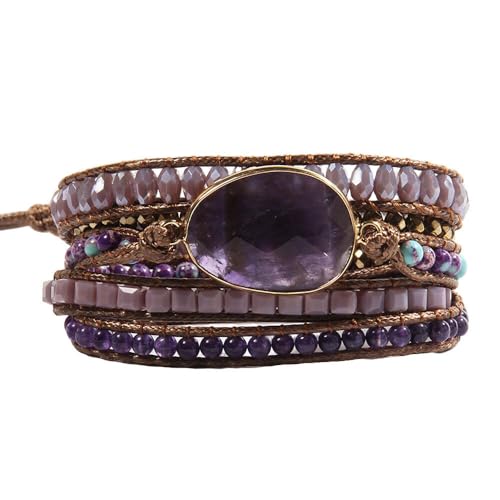 Women Wrap Bracelet Boho Natural Jasper Crystal Stone Beads Strand Bracelets - color: Amethyst