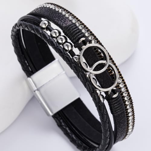FANCY SHINY Boho Leather Wrap Bracelet Stackable Infinity Chunky Cuff Bracelets Western Hippie Outfits Jewelry Valentine Gifts for Women - color: Black