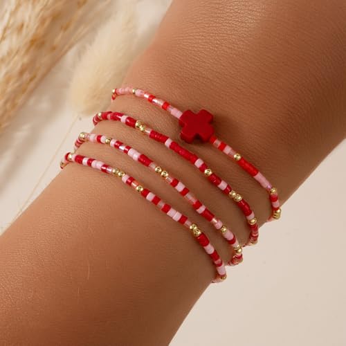 Gold Colorful Beaded Cross Bracelet Stack Set for Women,Handmade Bohemian Seed Beads Stacked Bracelets Fashion Holiday Jewelry Gift - color: Red