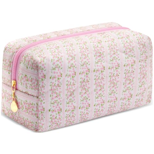 Small Makeup Bag Quilted Cosmetic Bag Floral Travel Toiletry Bags for Women Cute Pencil Case Quilted Makeup Pouch Aesthetic Coquette Cosmetic Pouch Cotton Make Up Bags Cute Zipper Pouches Pink - color: Aa-pink flower