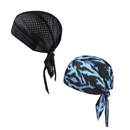 PURFUN Men Women Breathable Cycling Bandana Headscarf Adjustable Sweat Wicking Quick Dry Mesh Head Scarf Wrap Liner Skull Cap - color: 2pcs/Black+blue