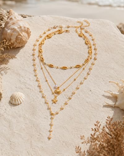 Layered Gold Flower Shell Pearl Necklaces for Women Long Pearl Y-Shaped Necklace Trendy Gold Flower Shell Pendant Necklace Dainty Pearls Choker Summer Jewelry Accessories Gift - color: A3:summer layered necklaces