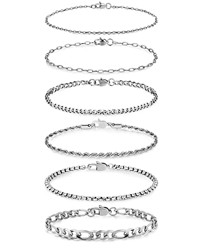 Honsny 6PCS Stainless Steel Bracelets for Women Men,14K Gold Plated Cuban Link Paperclip Chain Bracelet Dainty 6.3/7/7.8/9.5 Inch Stainless Steel Bracelet Set Fashion Jewelry - color: Silver, size: 6.3 Inches
