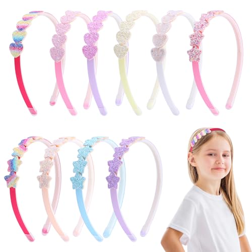 Fishdown Headband for Kids Girls, 10Pcs Rainbow Glitter Hairband for Toddler Heart Rainbow Star Non-slip Headbands with Teeth - color: Multicolor