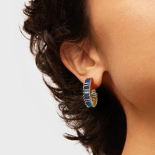 Trendy 14K Gold Plated Hoop Earrings for Women, Chunky Gold/Silver Earrings for Women Cubic Zirconia Baguette Hoop Earrings Heart Hoops Lightweight Hypoallergenic Jewelry,25mm/35mm/40mm/50mm - color: 01 Gold Blue Hoops 25mm