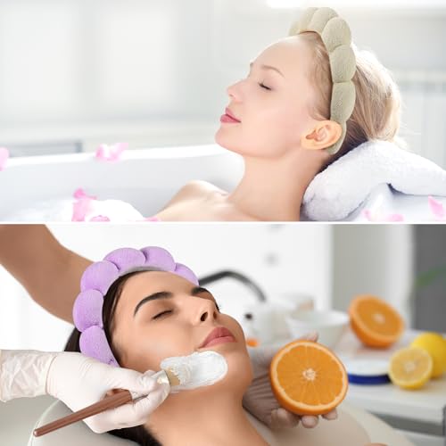 Ztomine Spa Headbands, Set of 2, Terry Cloth Headband for Washing Face or Facial, Puffy Makeup Headbands for Face Washing, Mask, Beige + Purple (1 Beige & 1 Purple Combo Pack) - color: beige + purple