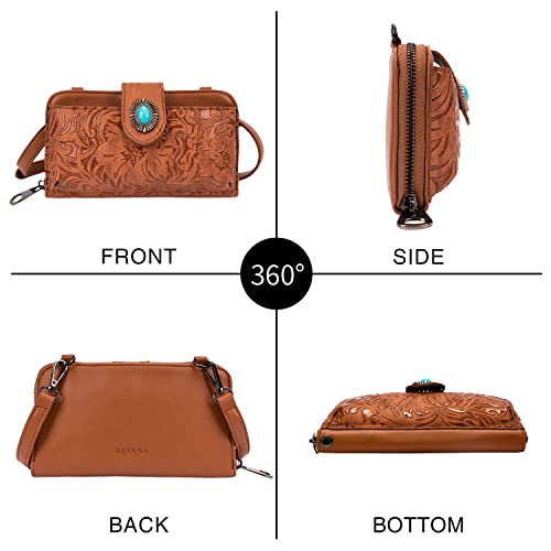 LAVAWA Women's Crossbody Handbag Small Vintage, Ladies Wallet Western Adjustable Phone Purse Clutch Turquoise Concho Embossed - color: Brown