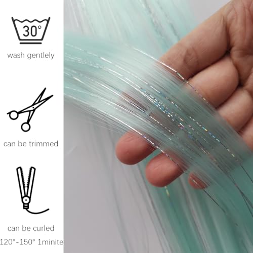 12pcs Clip in Mint Green Hair Extensions, 22 Inch Rainbow Hair with Silver Tinsels, Colorful Party Highlights for Women - color: Mint Green