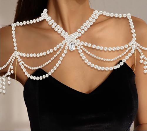 Pearl Shoulder Jewelry Bridal Wedding Shoulder Necklace Chain Festival Rave Party Outfit Accessory for Women Statement Body Chain