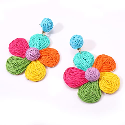 Rattan Earrings for Women Statement Boho Raffia Straw Wrapped Flower Drop Dangle Earrings Summer Tropical Beach Jewelry - color: Colorful