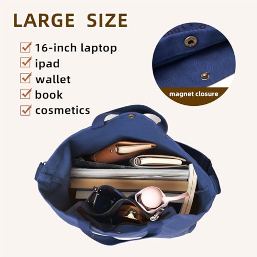 Canvas Tote Bag For Women inside out bag Crossbody Handbag with Adjustable Strap and Coin Purse for Work,Travel,Grocery - color: Royal Blue