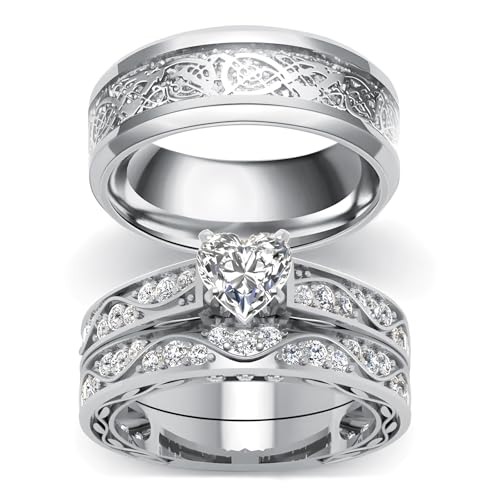 3Pcs Moissanite Wedding Rings Sets for Couples, s925 10K 14K 18K Real Gold Wedding Rings Sets for Him and Her, Customized Matching Engagement Bands Set for Men and Women Free Engraving - style: Style-2