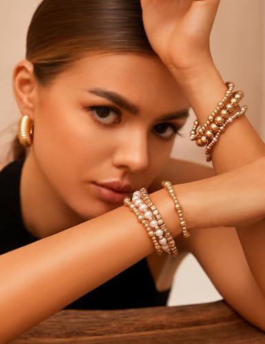 KISS WIFE Bracelets for Women, 13 Pcs Gold Silver Beaded Bracelet Stack with Faux Pearl, Stretch Elastic Strand Ball Fashion Jewelry Set, Adjustable Accessories Gifts - color: Gold