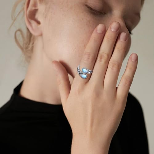 Vito 925 Sterling Silver Adjustable Open Spoon Ring for Women Men, Lotus Sunflower Snake Spoon Band Rings Feather Hug Witches Knot Inspirational Jewelry Gift for Wife - style: Lotus Moonstone