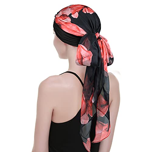 Chemo Headwear Turbans for Women Long Hair Head Scarf Headwraps Cancer Hats - color: Dark Red Black