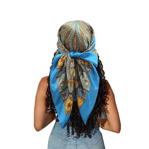 Large Square Head Satin Scarf Silk Feeling Hair Scarf 35"Head Scarves Bandana for Women Headscarfs for Women's Hair - color: C1-blue