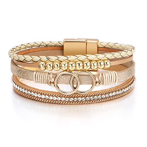 Fesciory Leopard Bracelet for Women, Boho Leather Wrap Multi-Layer Pearl Crystal Bracelet Bangle Jewelry - style: Double Circle(Khaki)