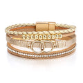 Fesciory Leopard Bracelet for Women, Boho Leather Wrap Multi-Layer Pearl Crystal Bracelet Bangle Jewelry - style: Double Circle(Khaki)