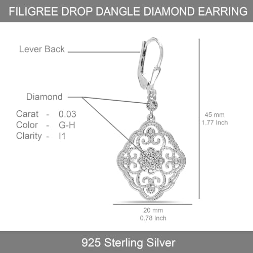 LeCalla 925 Sterling Silver Filigree Dangle Drop Leverback Earrings for Women | Long 925 Silver Dangle Leverback Earrings Hypoallergenic Filigree Tear drop Earrings Jewelry - style: Lab-Grown Diamond 0.03 ct.-45mm