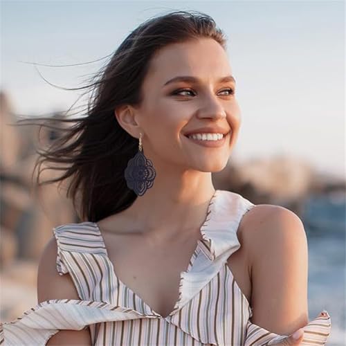 Bohemian Wood Earrings Natural Retro Lightweight Hollow Pattern Geometric Wooden Dangle Drop Earrings Statement Vintage Jewelry - color: Blue Earrings