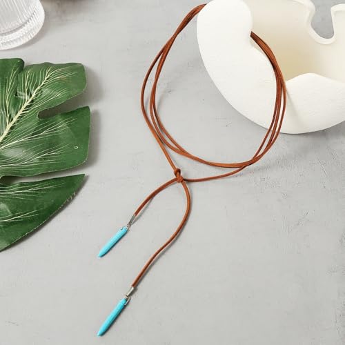 Boho Feather Turquoise Leather Choker Necklace for Women Bohemian Handmade Leaf Layered Black Brown Suede Cowgirl Cowboy Necklace for Western Style Country Party Trendy Jewelry Gifts (Long brown necklace)