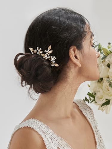 SWEETV 9 Pieces Bride Hair Accessories Pearl Wedding Hair Pins Leaf Bridal Hair Piece Vintage Hair Headpiece Leaf Hair Clips Jewelry for Women Bridesmaids Brides Flower Girls - color: Set-C-Gold