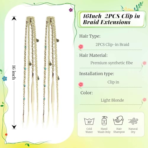 2PCS Boho Dreadlock Clip In Braids with Charms and Beads, Handmade Dreadlock Braids Hair Extensions Synthetic Braided Hairpieces for Women (Light Blonde 16 Inch) - color: Light Blonde, size: 16 Inch