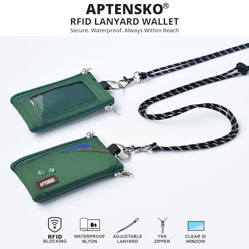 RFID Blocking Travel Wallet with Adjustable Lanyard, Small Nylon Zipper Pouch and Badge Holder for ID, Credit Cards, Cash, Keys, Commuters (Forest Green) - color: Forest Green