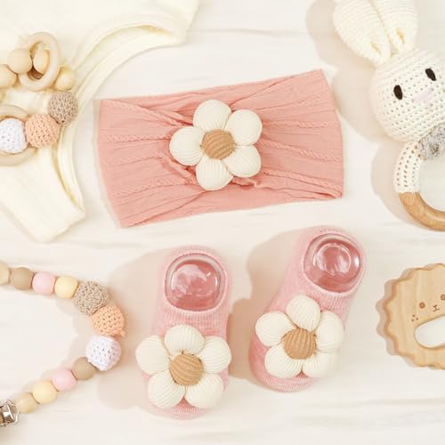 JOYOYO Baby Flower Headband and Socks, Cute Baby Girl Headbands and Soft Socks Sets for Toddler Newborn Infant Girl (Beige Pink Khaki) - color: Beige/6pcs