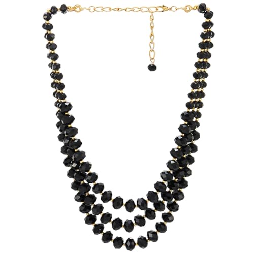 COOLSTEELANDBEYOND Crystal Beads Statement Necklace, Three-strand Layered Necklace, Waterfall - color: D-Color: Black & Gold