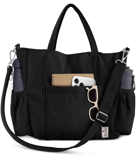 Miss Adola Crossbody Corduroy Tote Bag for Women, Large Tote Bag with Multi-Pockets and Zipper for Travel Work - color: Black