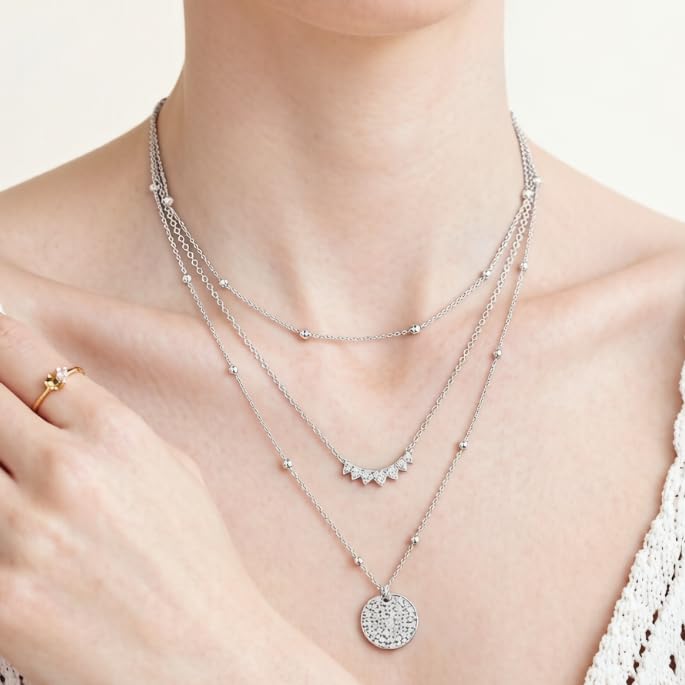 BBV Layered Gold Necklaces for Women Stackable Dainty 14K Gold Plated Silver Chain Necklace Layering Cute Fashion Pendant Choker Necklaces Trendy Jewelry Set Gifts for Women - color: silver, style: hammered texture round