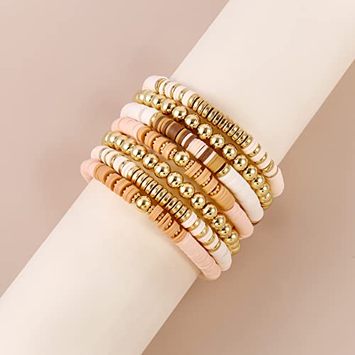 Elegance 11 designs Heishi Beaded Bracelets For Women Polymer Clay Colorful Surfer Stackable Beads Boho Bracelet Summer Beach Jewelry - color: Light pink