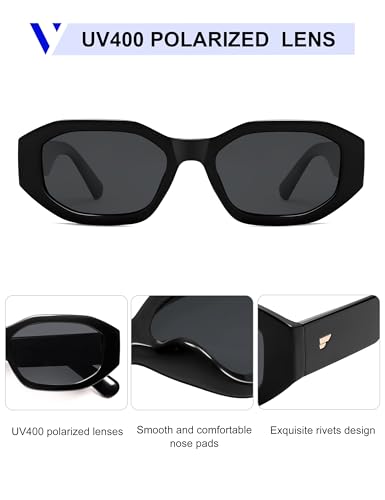 VANLINKER Trendy Polarized Hexagon Sunglasses for Women Men Retro 90s Rectangle Shades Vintage Square Frame VL9887 - color: C1-black/Grey