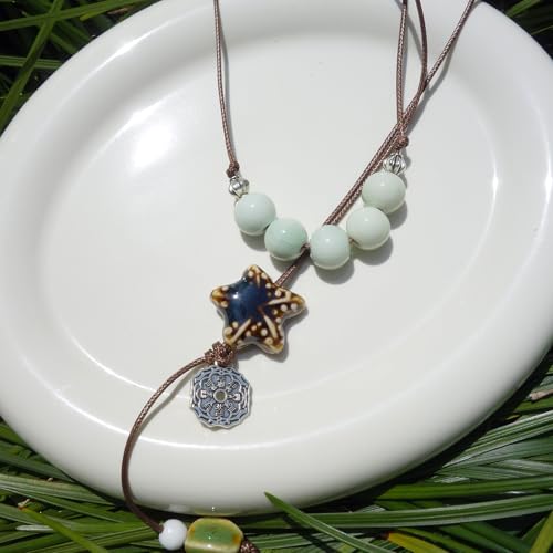 Boho Style Colorful Ceramic Bead Strand Necklace Adjustable Bohemian Jewelry Gift for Women, Fashion Clothing Matching Necklace - color: Green