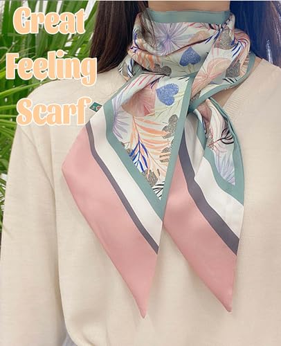 kcctoo 59” Long Silk Like Head Scarf Women's Fashion Square Neck Satin Scarfs for Bag Hair Scarves Gift 59 * 5.9” - color: Q1 Pink Leaf 59" X 5.9"
