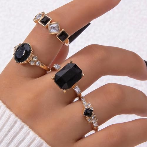 Black Obsidian Ring Stackable Gold Tone Oval Black Stone Statement Ring for Women Party Date Night Jewelry Gift - color: A3:black obsidian rings