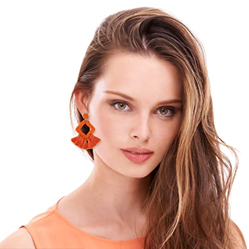 Long Tassel Earrings Statement Bohemian Pom Ball Handmade Drop Dangle Earrings for Women - style: S-Orange